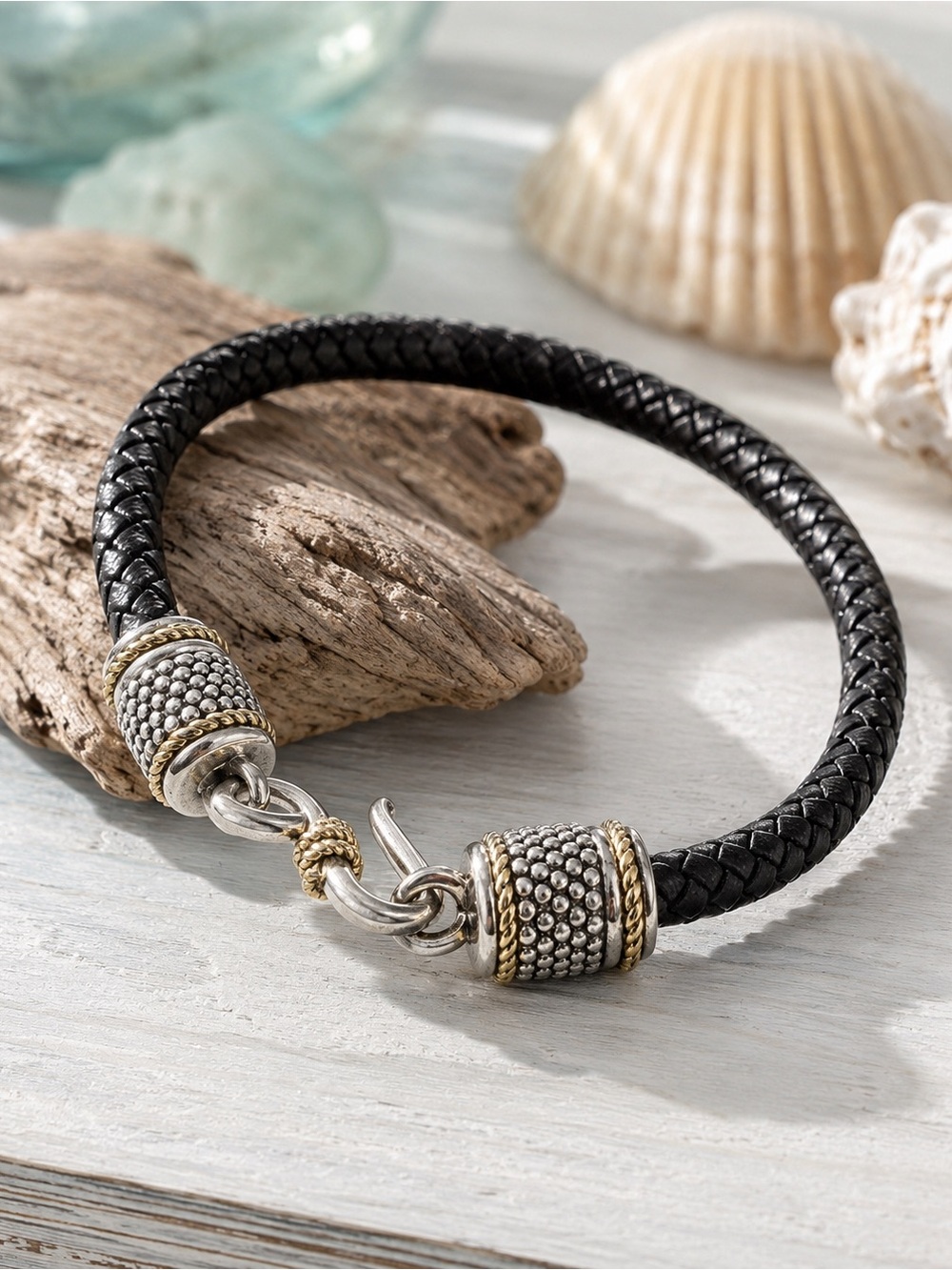 14K 925 STERLING SILVER LEATHER BRAIDED BRACELET UNISEX BLACK EDGY BIKER